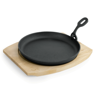 Servierpfanne IRON DINING rund, Ø 22 cm, Gusseisen schwarz, mit Holzuntersetzer