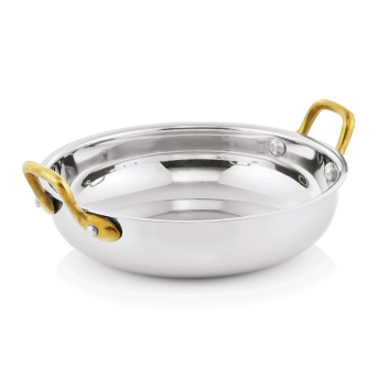 Servierpfanne rund, Ø 18 cm, CNS mit Messinggriffen