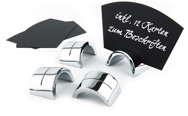Kartenhalter-Set, schwarz/Metall verchromt, 18-teilig: 6 Kartenhalter 4 x 2,5 cm + 12 Beschriftungskarten 10 x 6 cm